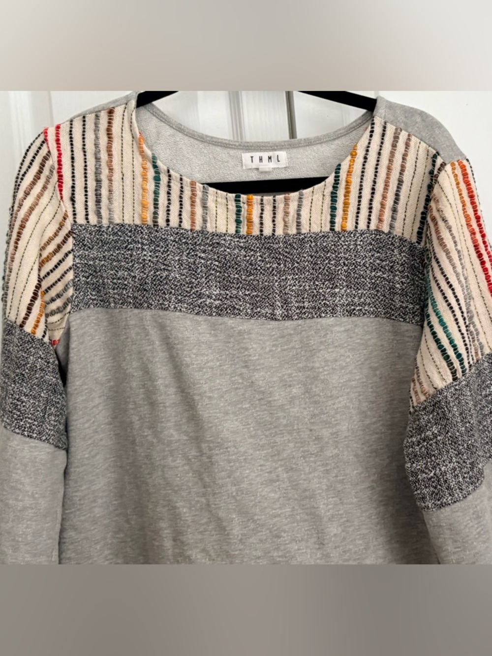 THML Women’s Top, stripes on Grey shirt, size large - Picture 2 of 7